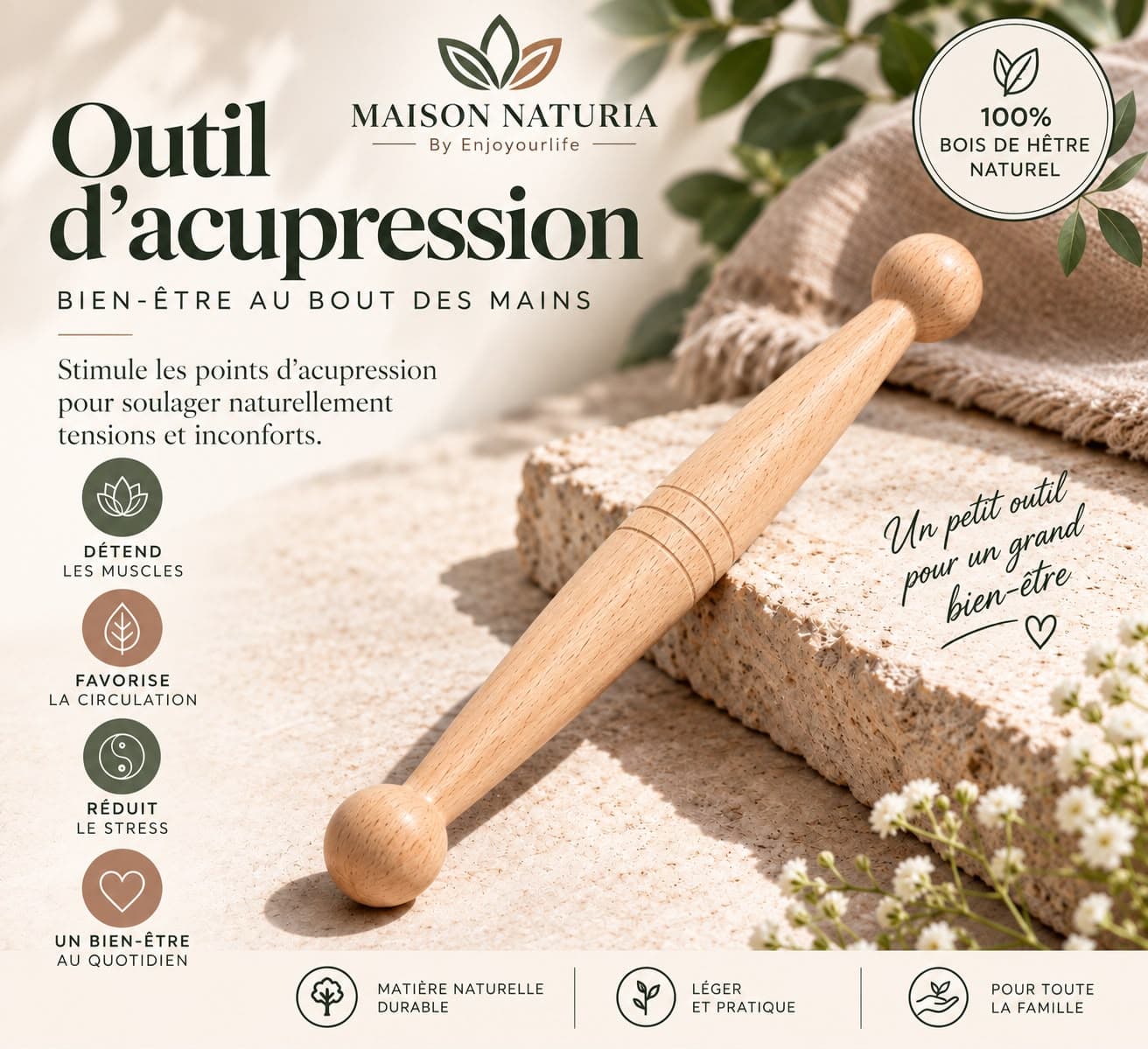 Outil d'acupression en bois de hêtre – Fabrication artisanale